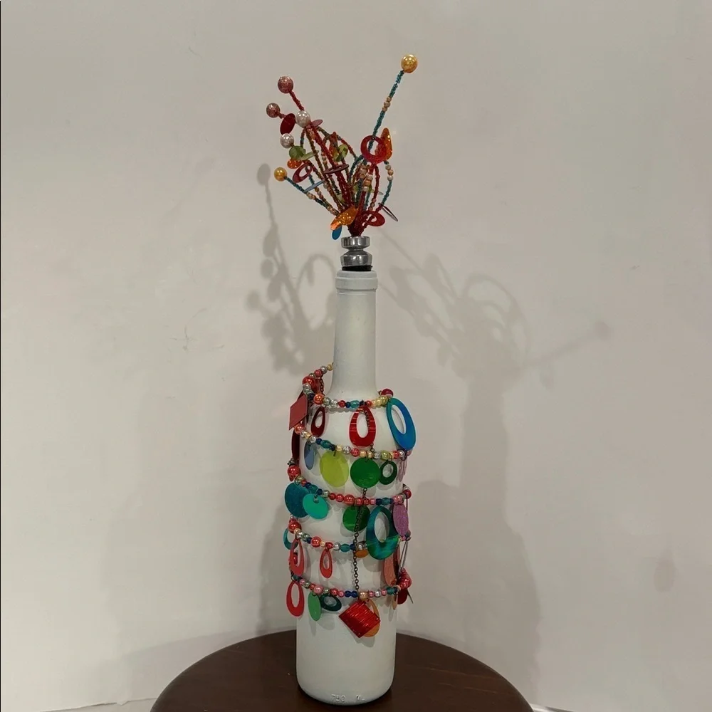 Decorative White Wine Bottle With Fireworks Beaded Stopper & Beads, Sequins Wrap